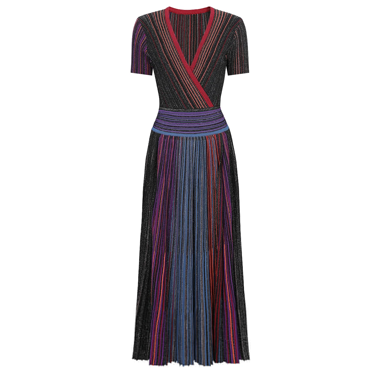 High Luxury Socialite Elegant Colorful Knitted Slit Dress Summer Women's Fashion V-neck Elastic Temperament Short Sleeved Dress