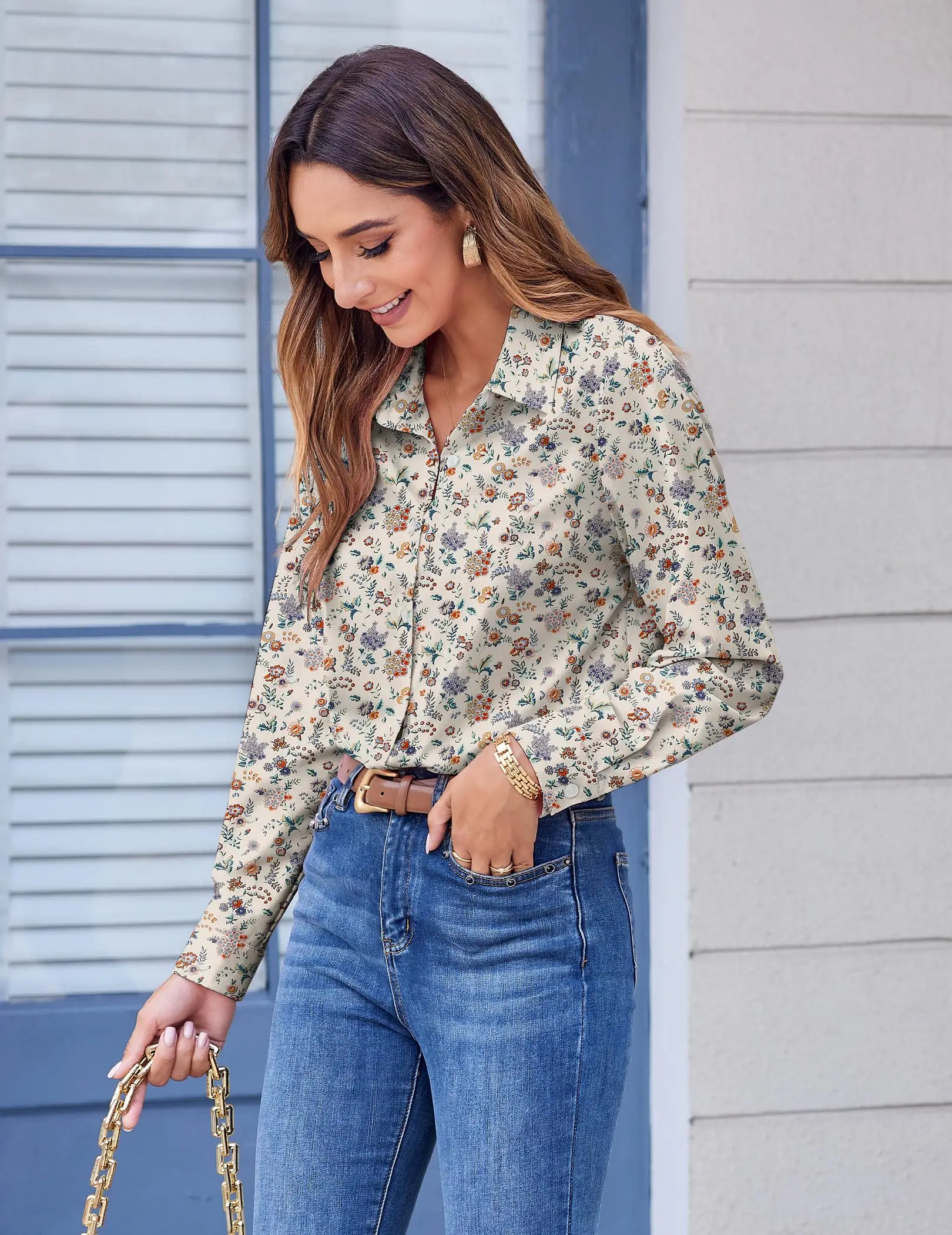 Ladies Elegant Floral Leaf Shirt Print Fashion Women Long Sleeve Shirt Simple Casual Work Tops