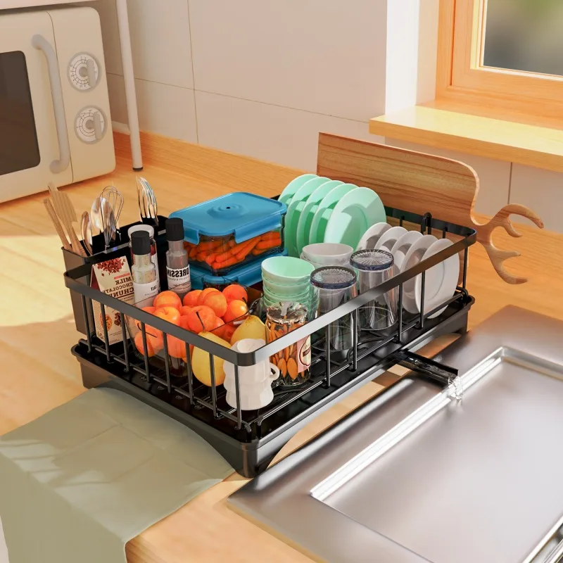 Black Single Layer Dish Drying Rack Kitchen Countertop Tableware Organizer With Chopsticks Holder For Modern Home Storage Soluti