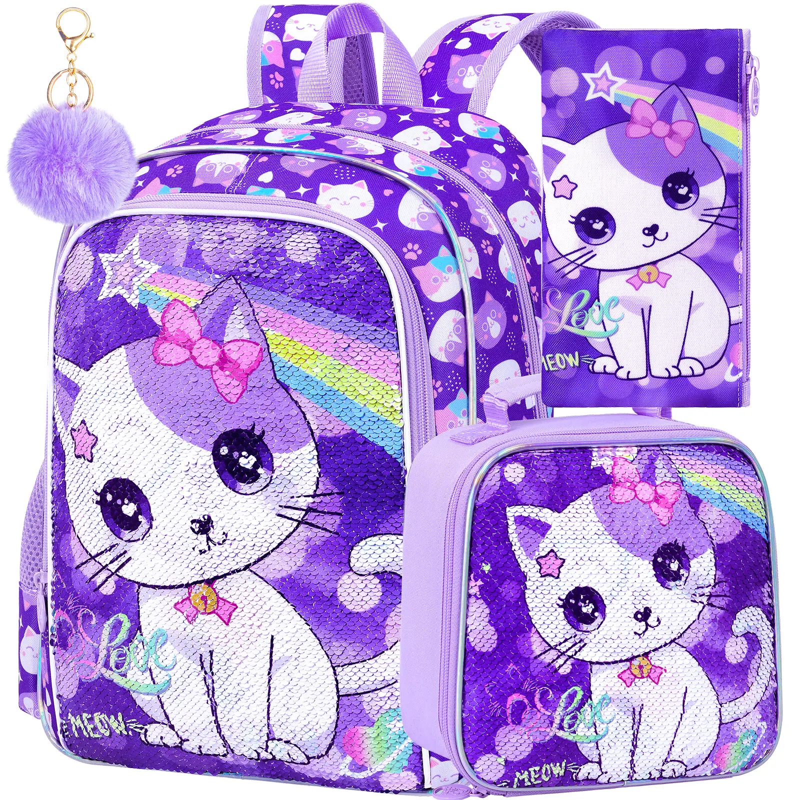 

3PCS Girls Cat Backpack, 16" Kids Sequin Bookbag With Lunch Box, Water-Resistant School Bag For Elementary Preschool Toddler - P