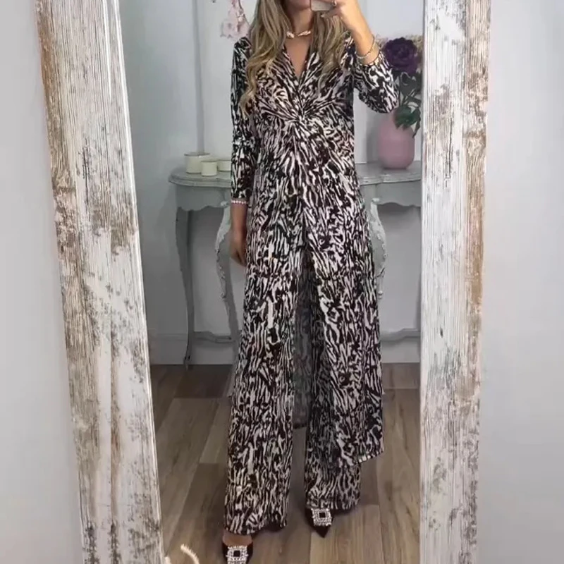 Autumn Fashion Casual Office Lady Sets Sexy Twist Dreaped V Neck Split Long Dress Outfits Summer Women Long Pants Two-piece Suit