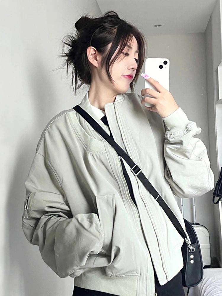 

American Retro Women's Baseball Jaet Pilot Coat Autumn Winter Faion High-End Feeling Loose Fit Sweet Sle Long Sve