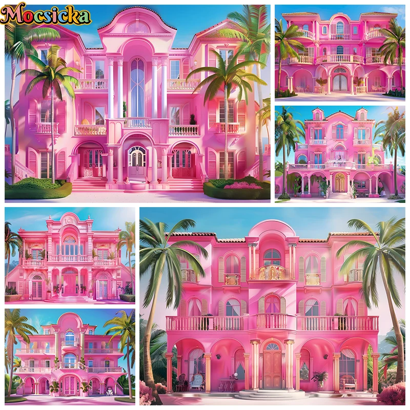 Pink Building Backdrop For Photography Tropical Rainforest Coconut Tree Grand Castle Background Birthday Party Photobooth Poster