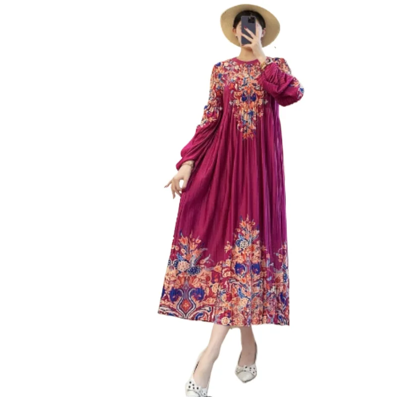 

Miyake Pleated Dress for Women, Retro Print, O-neck Long Sleeves, Loose and Elegant A-line Skirt, 2025 Autumn New Style,