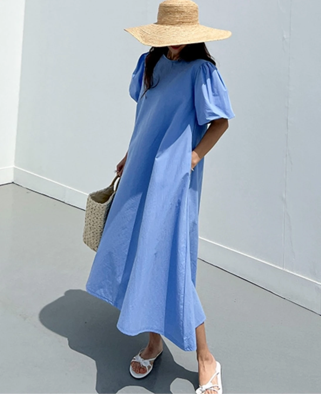 

Solid Color Puff Sleeve O-neck Long Dress Loose Summer White Pink Elegant Casual Korean Cotton Blue A Line Sweet Holiday Vestido