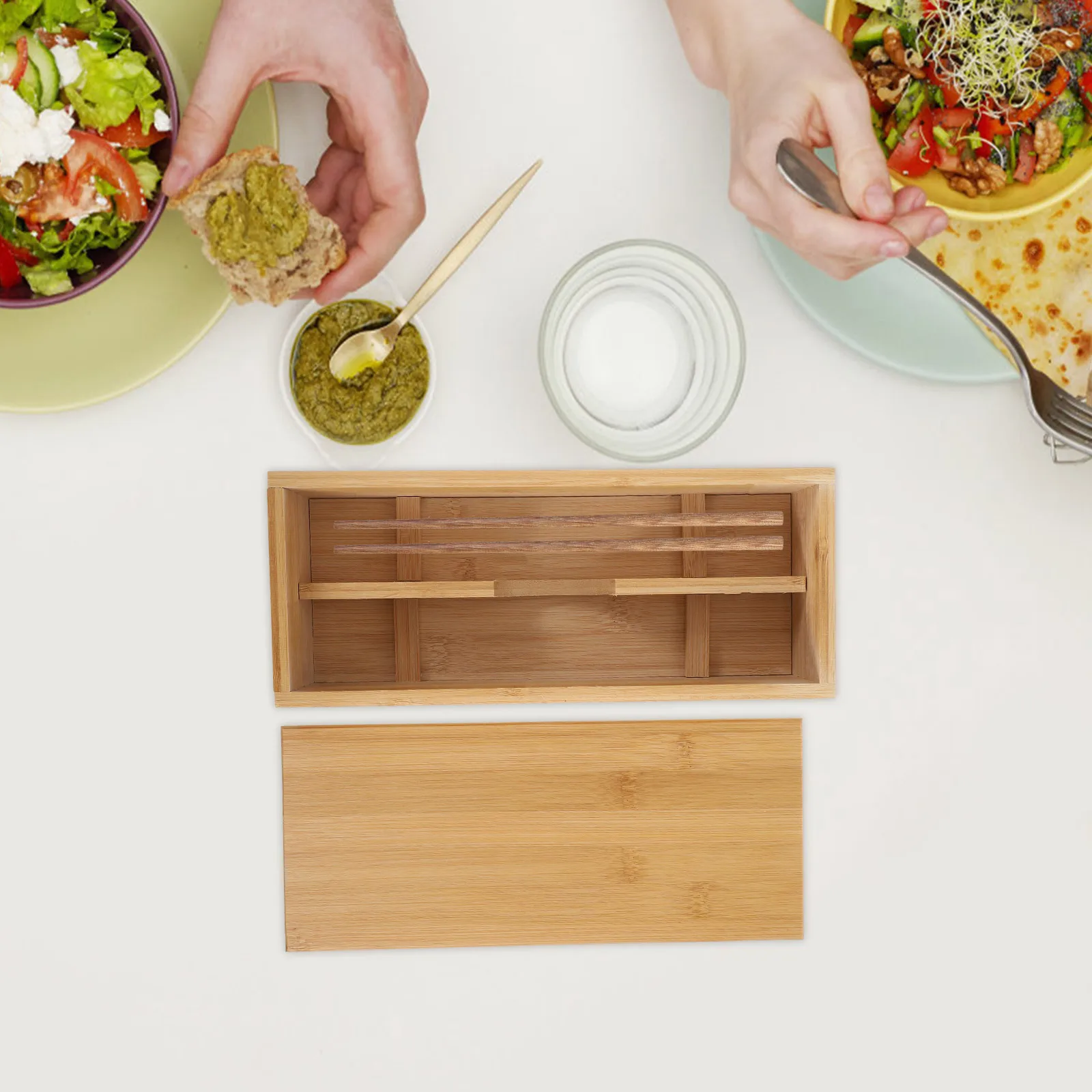 

Wooden Chopstick Organizer Box Bamboo Material Covered Utensil Holder for Drawer Kitchen Table Spoon Storage Stackable