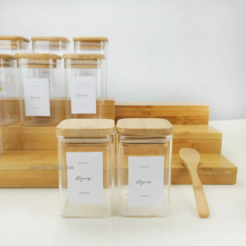 1/2/4/6PC Transparent Square Glass Jar with Bamboo Lid Sealed Canister Food Bottles Container Storage Tea Coffee Beans Wood Lid