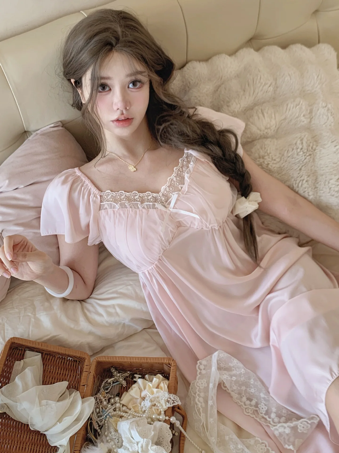 French Style Princess Ice Silk Sleep Dress for Women Summer with Removable Pads Short Sleeve Home Loungewear nightgown