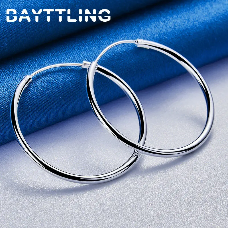 

S925 Sterling Silver Women Earrings Glossy 35MM Hoop Earrings For Luxury Wedding Lady Gift Fashion Punk Jewelry Accessories