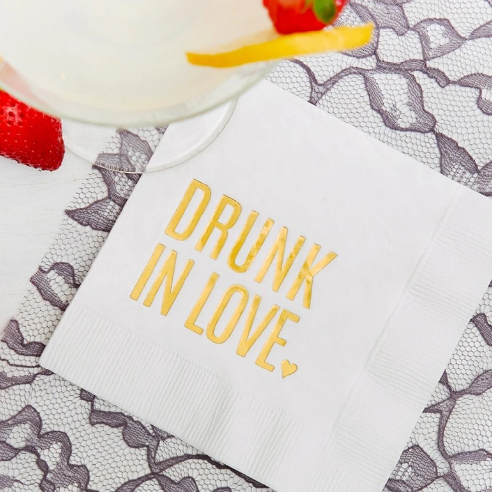 

50pcs Custom Wedding Cocktail Napkins,Drunk in Love -Bachelor/Bachelorette - Printed - Foil Stamped, Bridal Shower Party Napkins