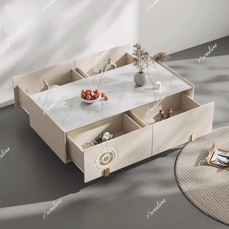 Italian modern light luxury living room solid wood cream wind rectangular rock panel TV cabinet combination FT
