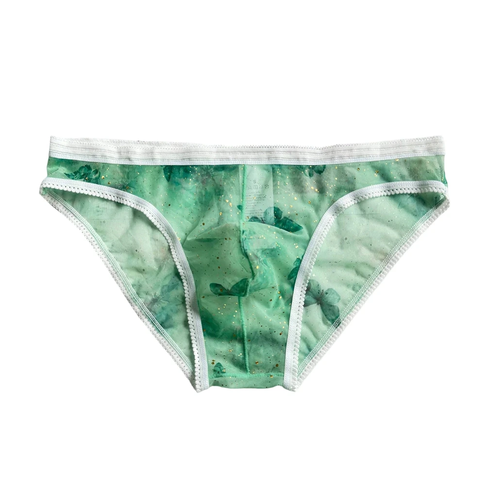 Men's Gradient Mesh Briefs Low Waist Translucent Pouch Underwear Tie-Dye Sissy Lingerie Pink Green Purple