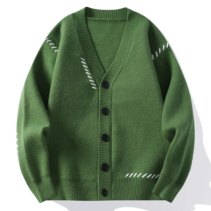 

V-Neck Knit Cardigan Men Harajuku Patchwork Autumn Winter Loose Knitted Sweater Outerwear Coat Mens Fashion Casual Streetwear