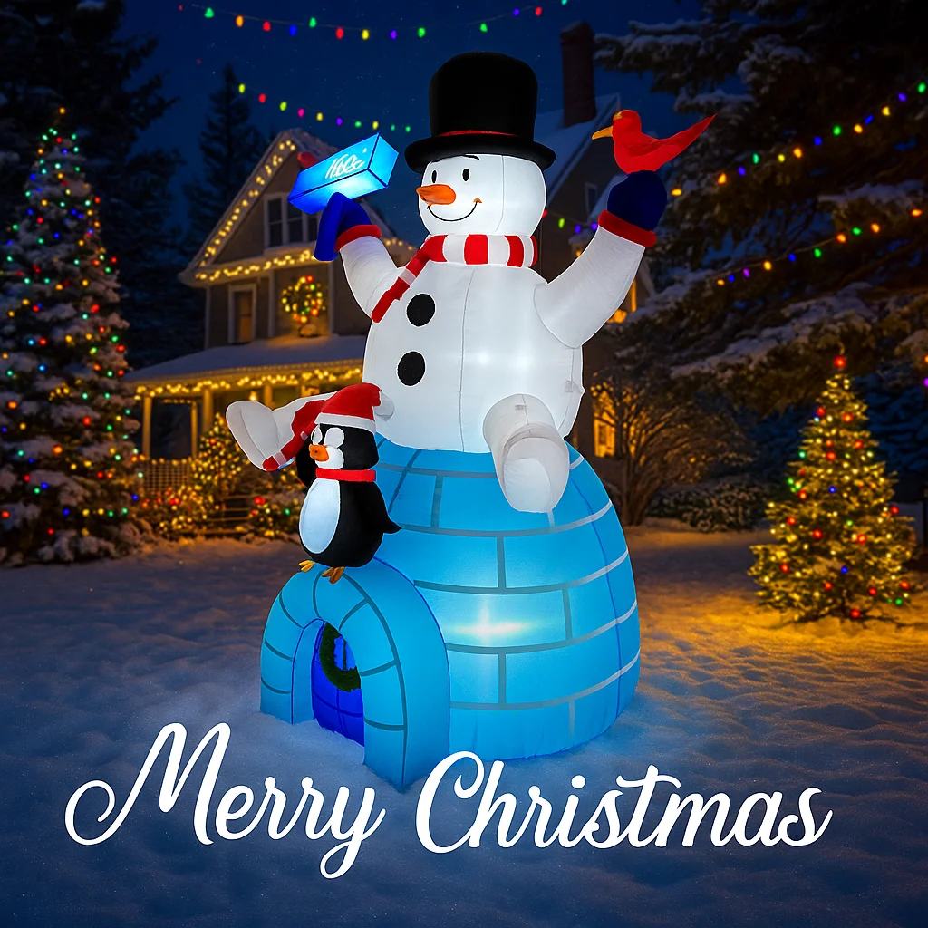 Giocattolo gonfiabile gigante da 5,91FT Pupazzo di neve Pinguino Igloo Forniture natalizie per luci a LED da giardino Decorazioni natalizie Ornamenti per la casa Regali festivi