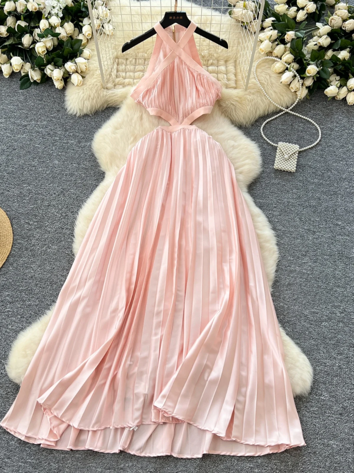 

Ele Sexy Hollow out Waist Hanging Ne Svel Belted Satin Long Dr Women's Commute Korean Sle A-Line Skirt