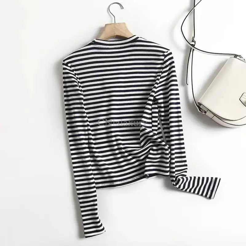 CNlalaxury Spring Autumn Woman Casual Stripes Long Sleeves Knitted T-shirt Crew Neck Slim Pullover Top Simple O-neck T-shirts