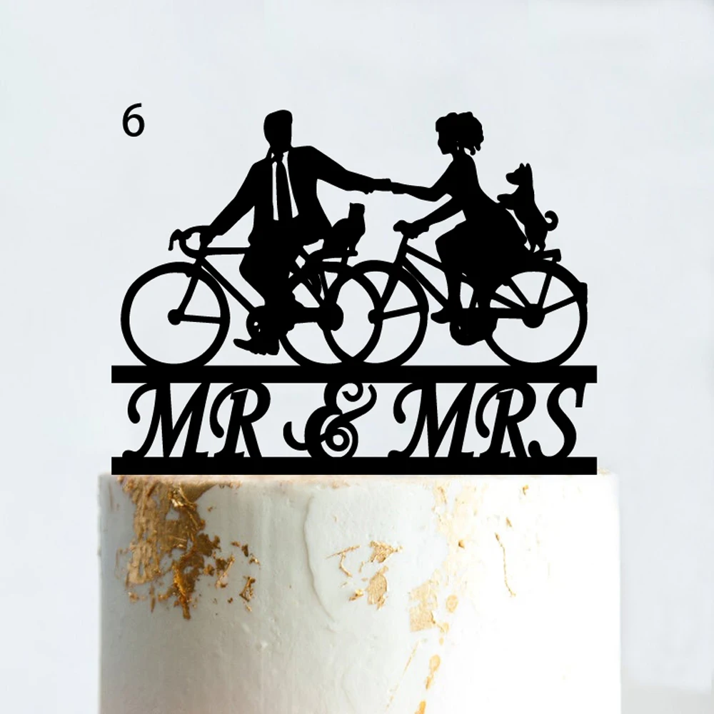 Bicycle Style Cake Topper Black Acrylic Funny Wedding Mr And Mrs Silhouettes Road Bike Cycler\'s Cyclist Birthday Cake Supplies