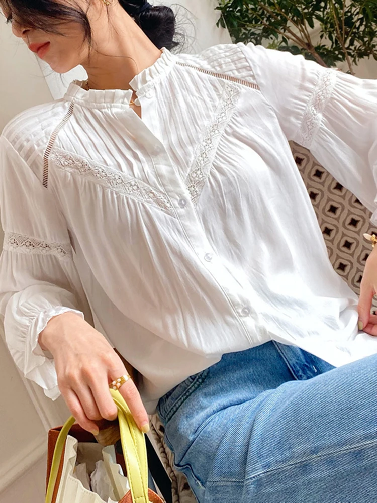 GypsyLady Elegant Chic Blouse Shirt White Rayon Lace Patchwork Spring Summer Women Blouse Long Sleeve Casual Ladies Top Shirt