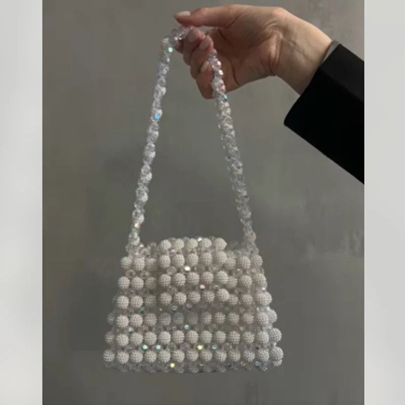

Women's Handbag Ins Shiny Transparent White Beaded Handmade Flip Shoulder Bag 2024 Customized Small Versatile Design for Summer