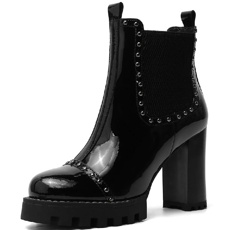 

Женские ботильоны из натуральной кожи, роскошная обувь с заклепками, черные короткие ботинки на блочном каблуке, женская пикантная обувь для вечеринок с зеркалом и металликом
