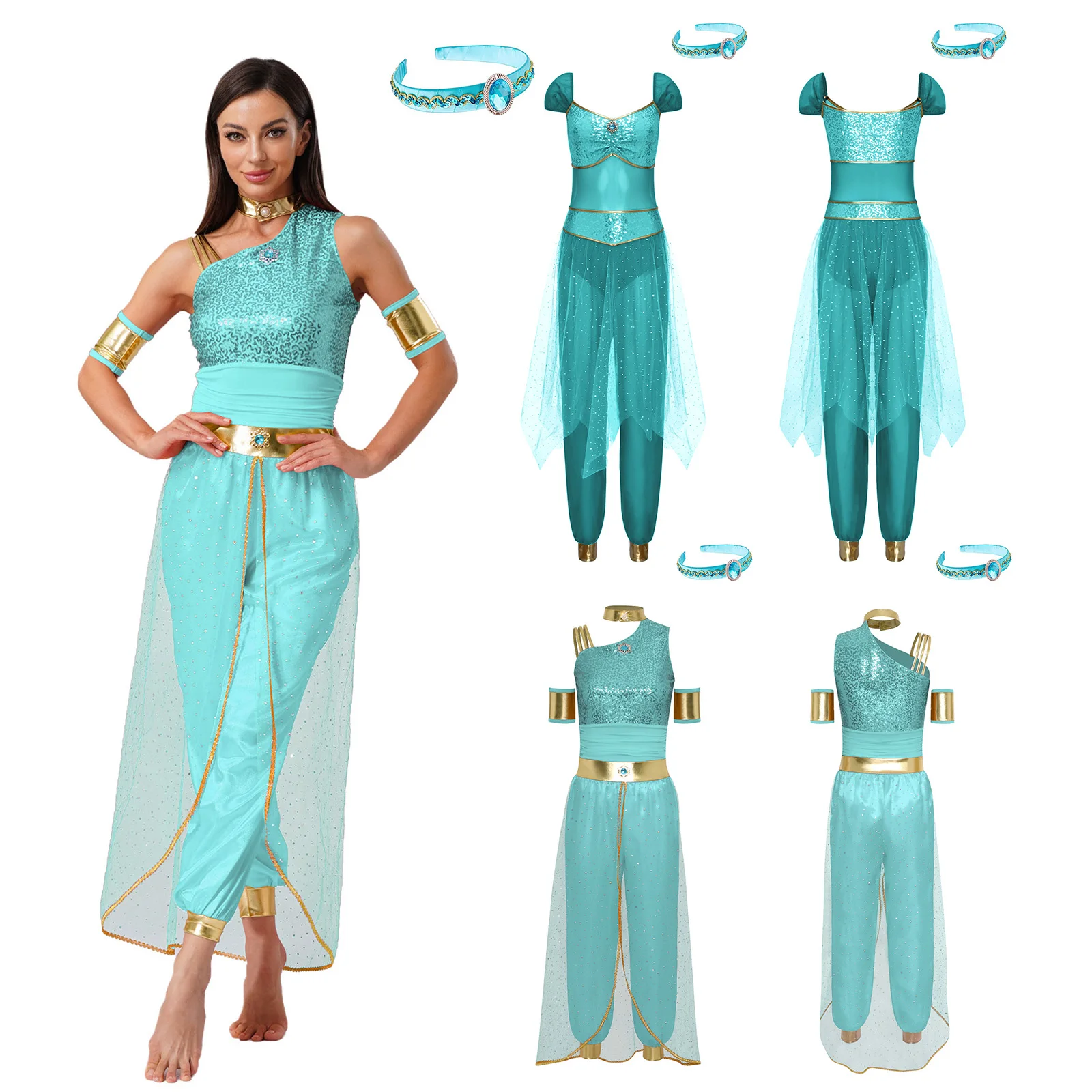 Women Sequin Gem Tulle Belly Dance Jumpsuit with Headband Halloween Carnival Party Arabian Jasmine Princess Cosplay Costume