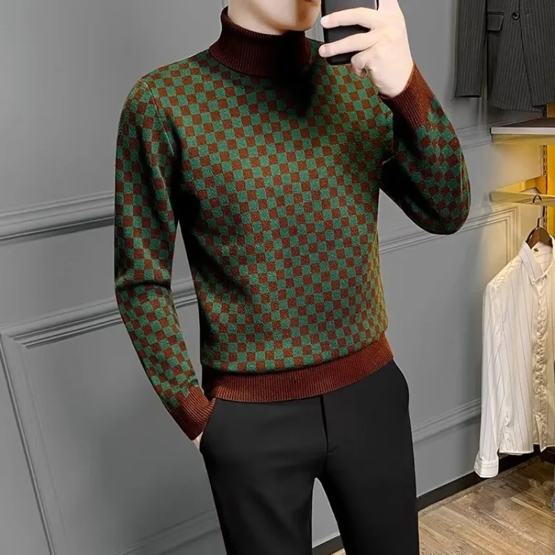 Pullover Man High Collar Knitwear Vintage Original Designer Cable Harajuku Aesthetic Woven Casual Plaid Knitted Sweaters for Men