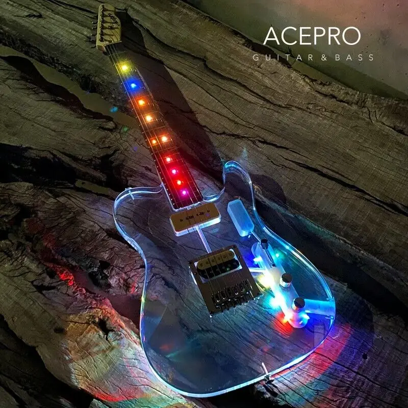 In Stock Acepro Colorful LEDs Acrylic Electric Guitar, Clear Acrylic Crystal Body Guitarra, Maple Neck, Rosewood Fretboard