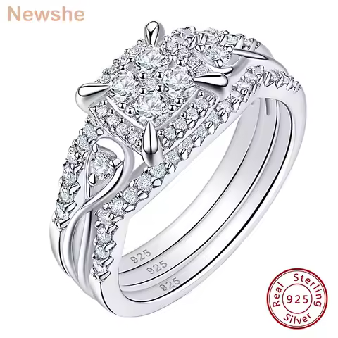 Newshe 2pcs / 3pcs Bridal Rings Set for Women Solid 925 Sterling Silver Engagement Ring Wedding Bands Halo Round Cut 5A Zircons