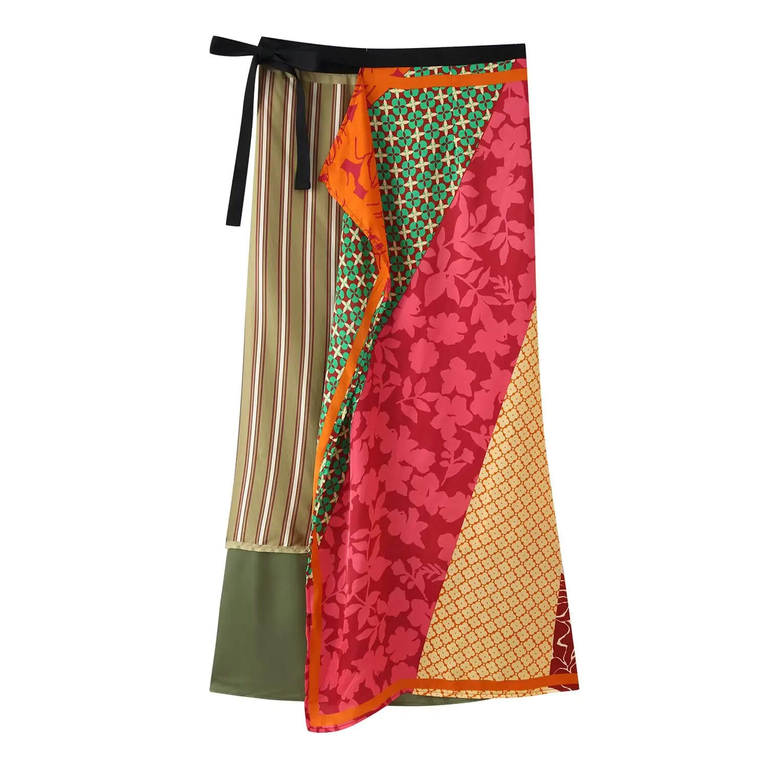KONDALA Vintage Patchwork-Print Bohemian Damen-Maxirock – Modischer Sommer 2026 Schnürrock mit Streifen für Urlaub und Strand, Asymmetrischer Rock – Detail 2