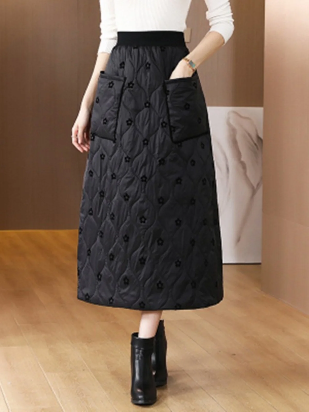 

Thiened Cotton Skirt Large Size Winter New Sle f-length Windproof New Design Big ket Polyester Fiber A-line Skirt