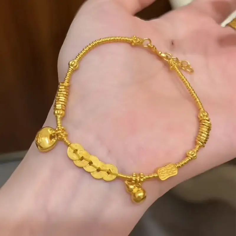 

2025 Gold-Plated Five Emperors Coin Chubby Gourd Twisted Adjustable Bracelet Women Luck Safety Lock Hypoallergenic Gift for Her