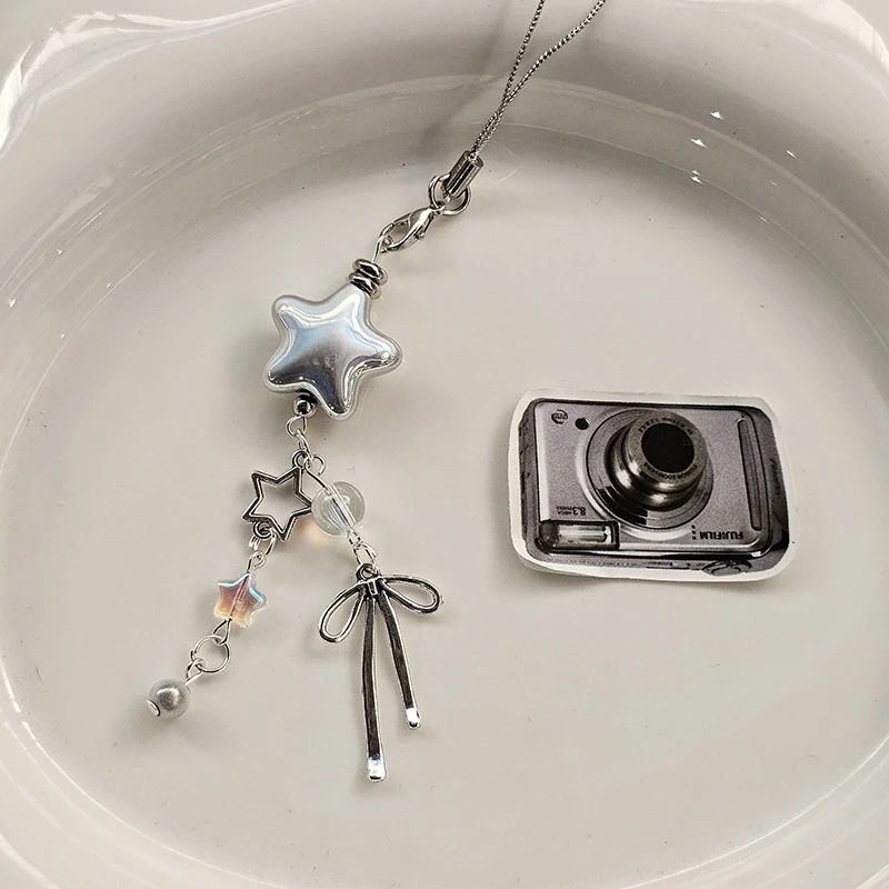 Cellphone Lanyard Keychain For Phone Y2K Style Metal Silver Star Bow Pendant Phone Charm Strap Sweet Cool Girl Pendant