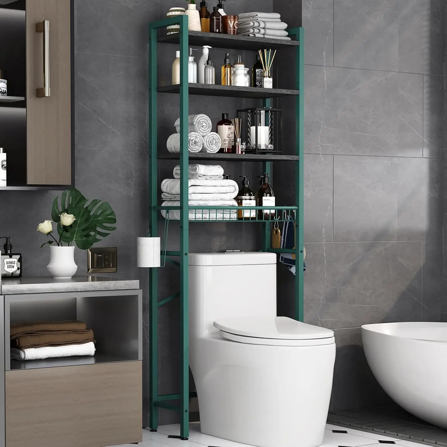 

Over-The-Toilet Storage Rack, 4-Tier Bathroom Organizer Shelf Over Toilet with Adjustable Shelf and Basket, Freestanding Spac