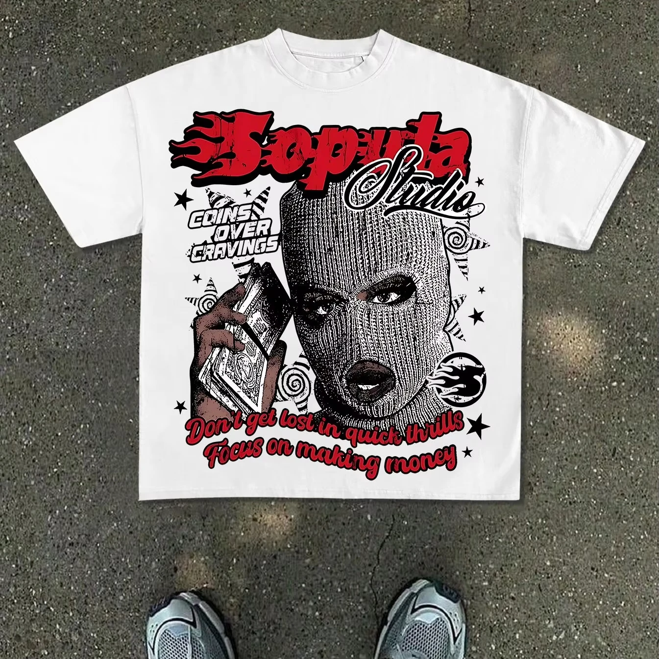 Men's Soputa Studio Streetwear T-Shirt - Loose Fit Cash & Star Money Motif with Soputa Studio Flame - Summer Casual