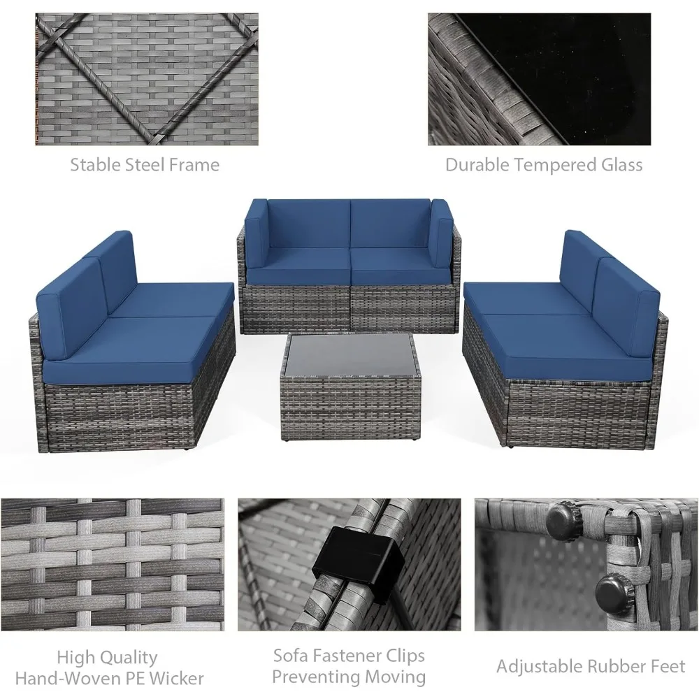 Outdoor Wicker Mobília do pátio Set, PE Rattan, cadeira secional, cinza, 7 Pcs