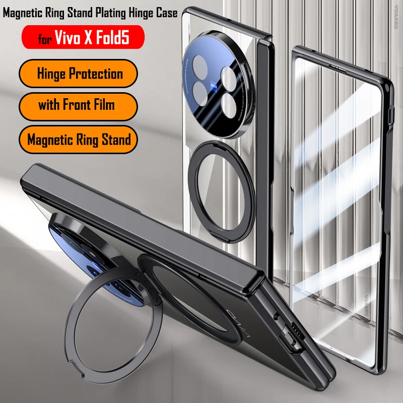 

HD Clear Plating Hinge Funda for Vivo X Fold5 Case Magentic Ring Stand Holder for Vivo X Fold 5 Case with Front Screen Film