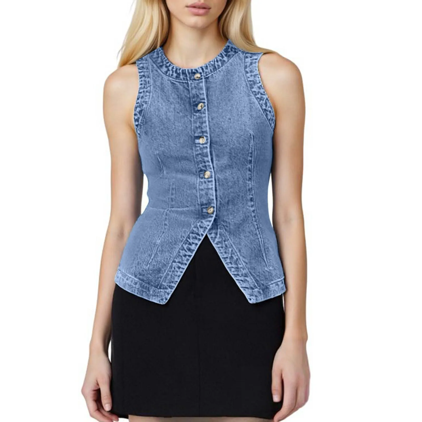 2025 Women's Fashion Sleeveless Denim Vest Top Slimming Denim Vest Round Collar Shoulder Vest Top Streetwear Dress up Clothing