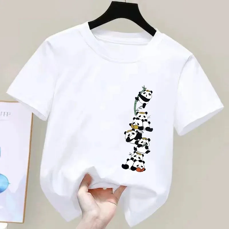 Girls' T-shirt with panda print, casual short-sleeve top with round neck for summer and spring, 100% cotton clothing