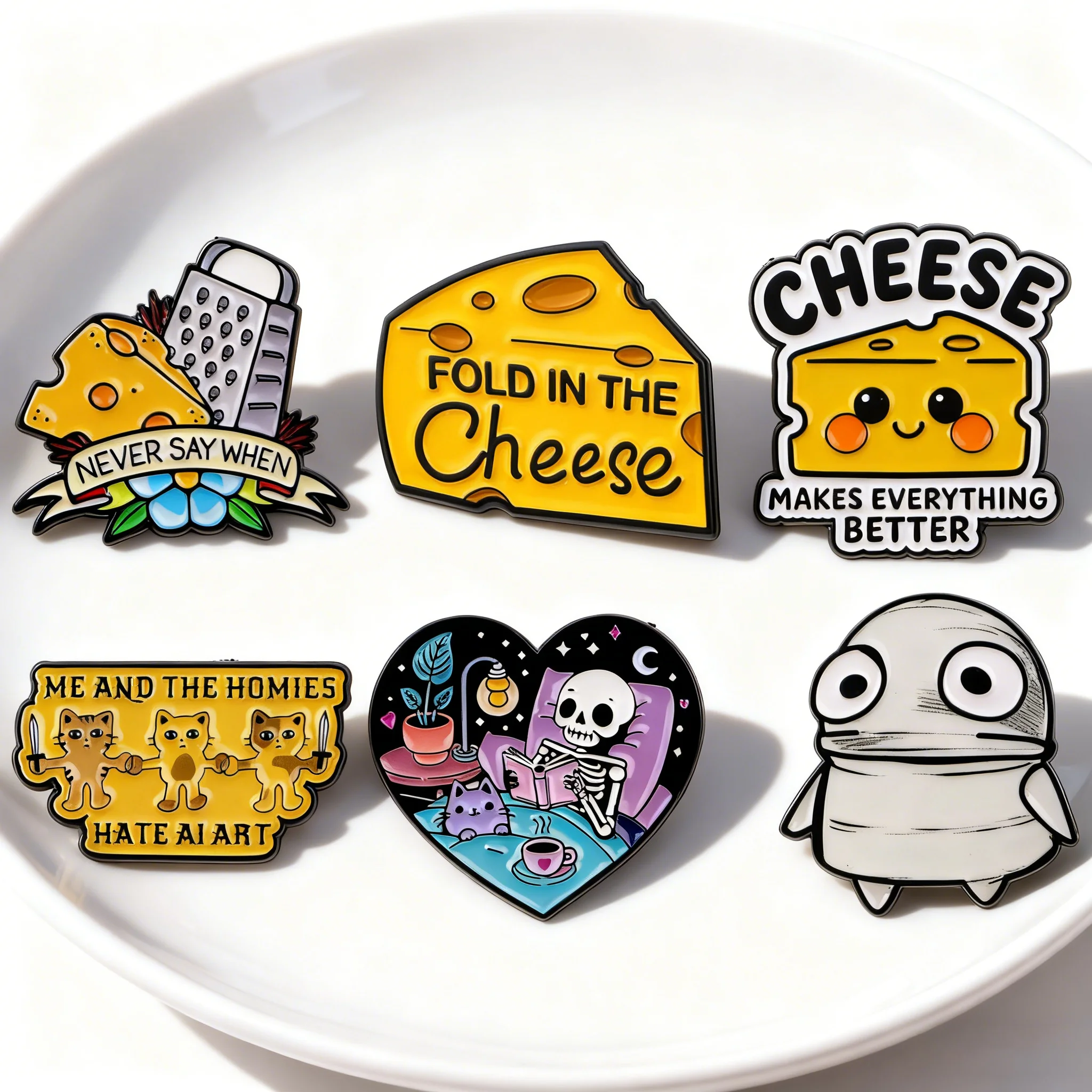 Cheese Quotes Enamel Pin Cartoon Robot Badges on Backpack Cute Cat Brooches Hat Lapel Pins Cosplay Accessories Gifts