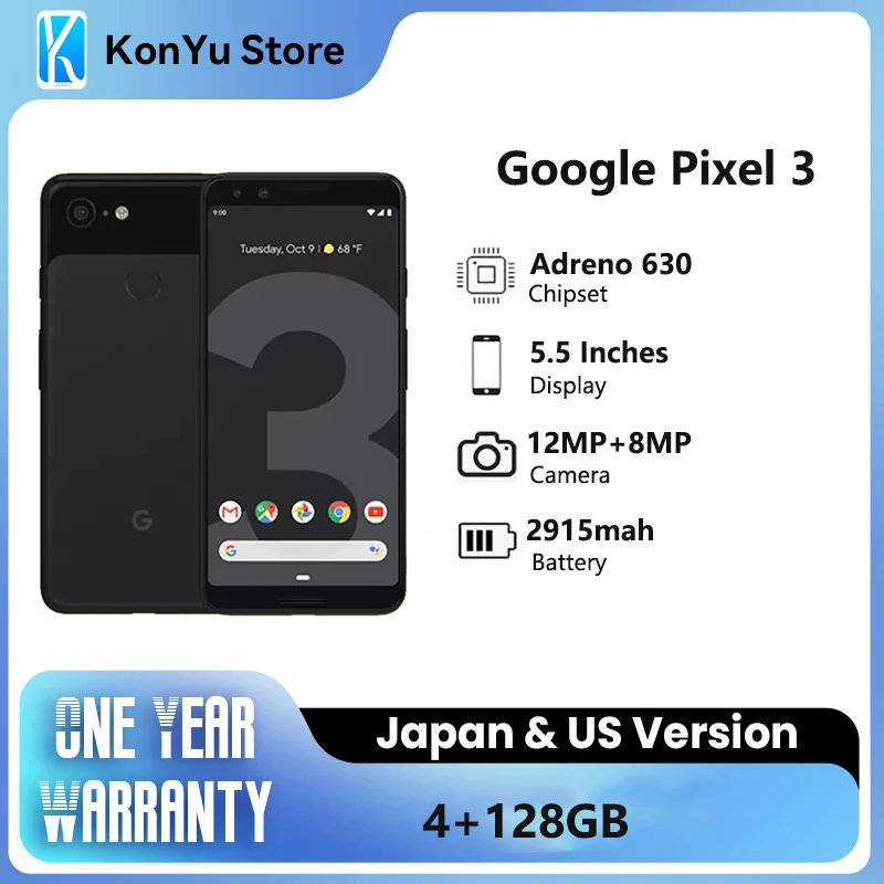 Google Pixel 3 5.5 inches P-OLED, 2915 mAh 18W wired Adreno 630 128GB 4GB RAM NFC IP68 12.2 MP SmartPhone