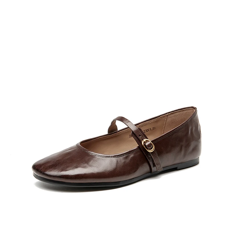BEAUTODAY Mary Janes Women Calfskin Leather Round Toe Pleated Pattern Buckle Strap Solid Color Flat Shoes Ladies Handmade 28337 — zdjęcie 2