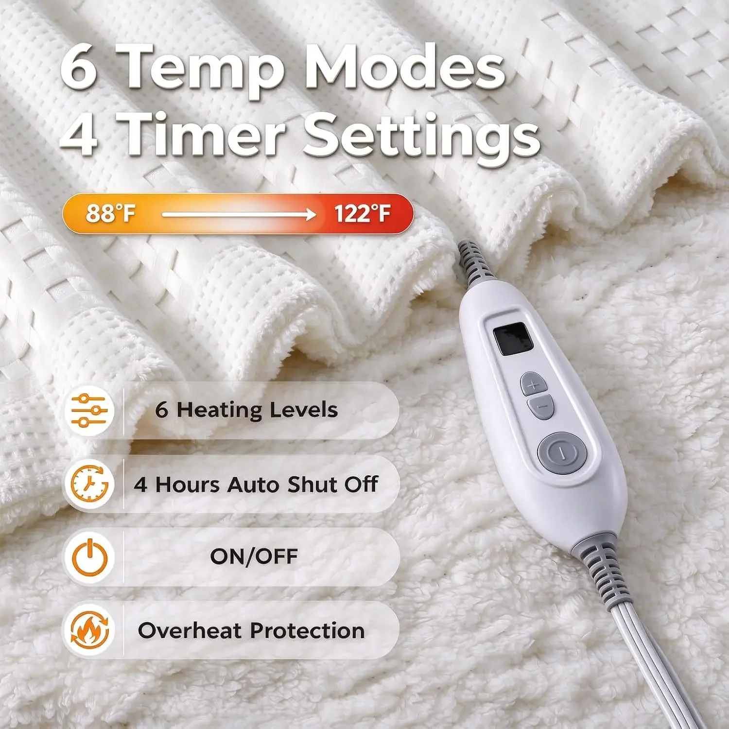 Heated Throw Blanket, Waffle & Sherpa Electric Heated Throw, Soft Warm Blanket for Bed & Couch, White, 50 X 60 in