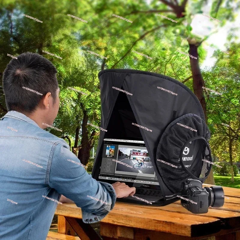 Laptop hood, foldable, external shot, outdoor, shading, rain protection, screen, protective cover.