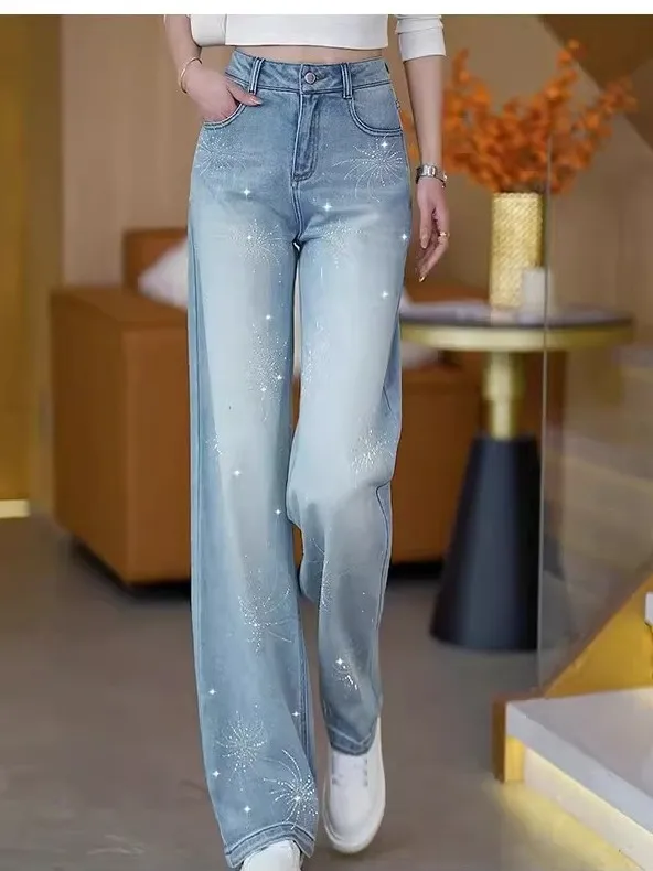 Tianxing Rhinestone Wide Leg Jeans Slimming Loose Fitting Spring Summer 2026 New Style High Waist Straight Cut Long Pants
