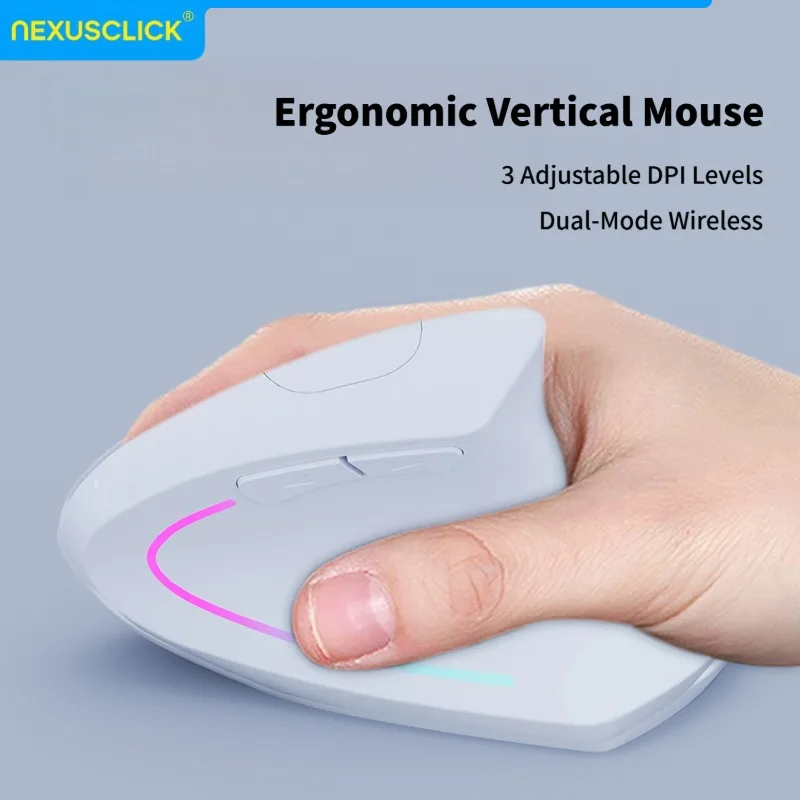 NexusClick Vertical Ergonomic Wireless Mouse,Bluetooth 2.4G Dual Mode Rechargeable/AA Battery,Mute Buttons RGB Light Office Mice
