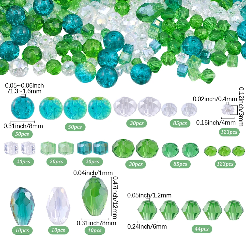 710Pcs Green Glass Beads Assorted Glass Bead Kit 4 6 8mm Small Faceted Tear Drop Rondelle Square Round Loose Spacers