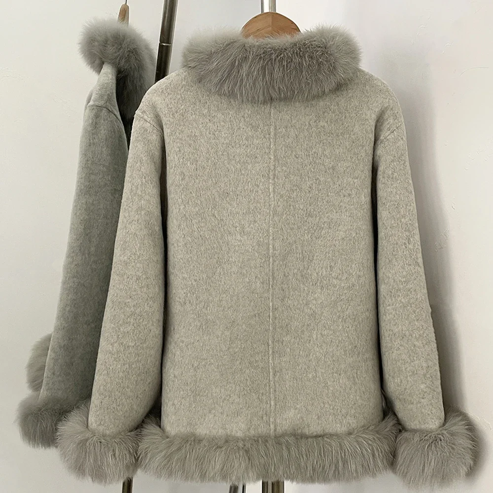 OFTBUY Neue Winter-Wolljacke für Damen, Mittellang, 100% Reine Wolle, mit Echtfuchs-Pelzkragen, Taschen und Saum – Detail 12