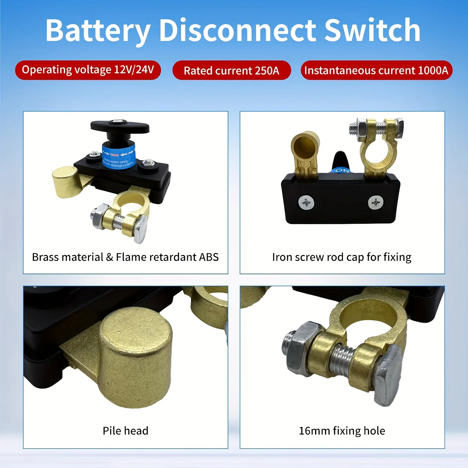 مفتاح فصل البطارية الرئيسي - مفتاح إيقاف التشغيل السلبي النحاسي، مفتاح إيقاف تشغيل/إيقاف الطاقة المتقدم 12-24 فولت #2