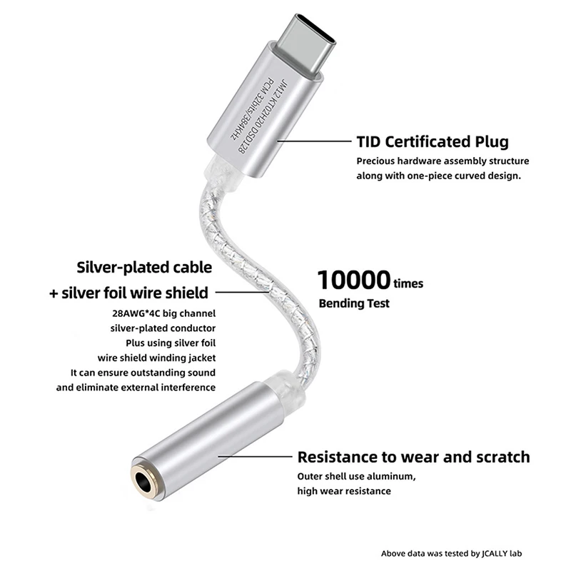 JCALLY JM12 Digital Audio Adapter DAC Chip KT02H20 Hi-Fi Audio Decoder Type-C to 3.5mm Earphone Amplifier 32bits/384KH DSD128