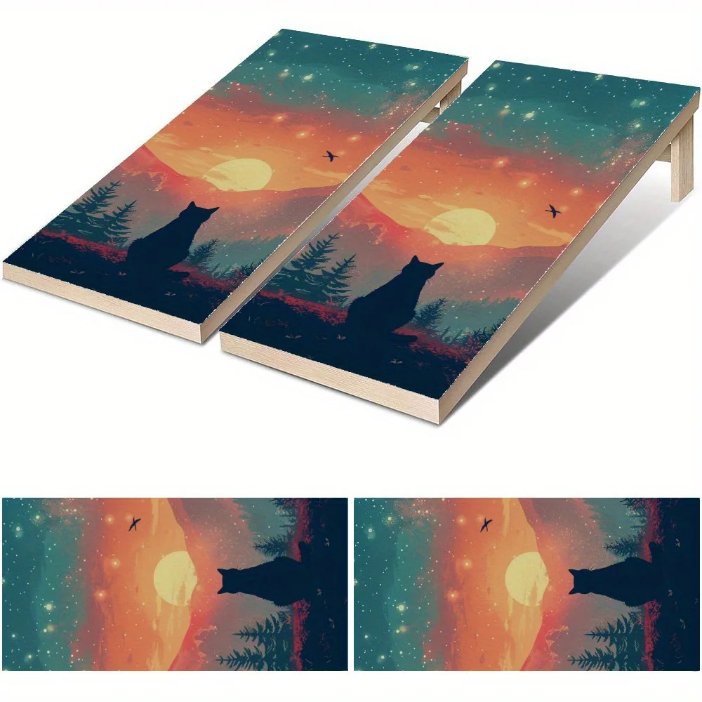 

Twilight Wilderness Cat Shadow Waterproof Cornhole Board Vinyl Wraps, PVC Outdoor Game Board Design, Perfect for Sports & Leisur